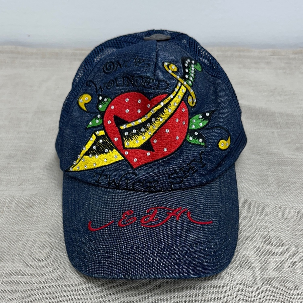 Ed hardy Embroidered Denim Cap with Heart Design
